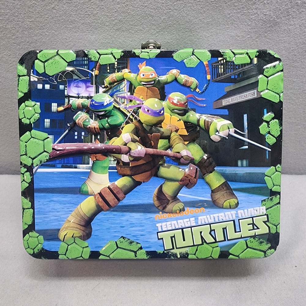 Vintage‎ Nickelodeon TMNT Lunch Box Green Embossed Metal Tin Kids